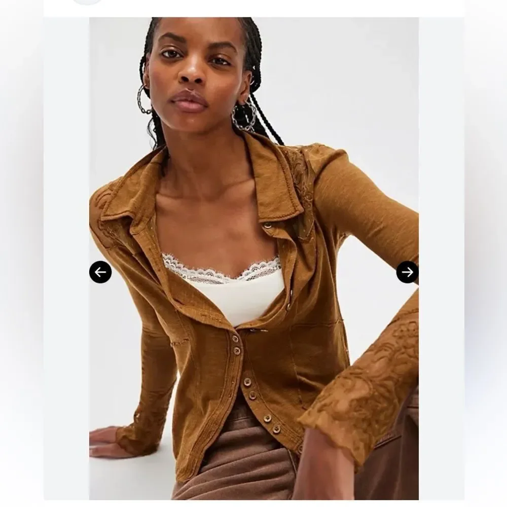 Free  People Women's Brown Rosebud Cuff Button Down